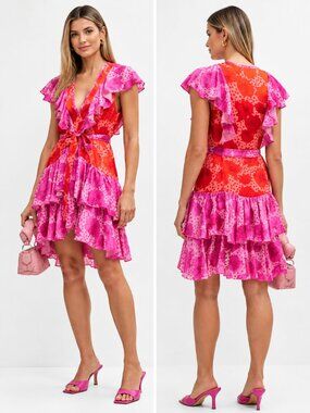 Le Superbe Aurora Flora Lil Flirt Floral Wrap Mini Dress Fuchsia 2 NWT